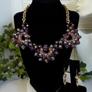 Gold Chain Necklace with AB Purple Faceted Glass Bead Bib and Earrings Set